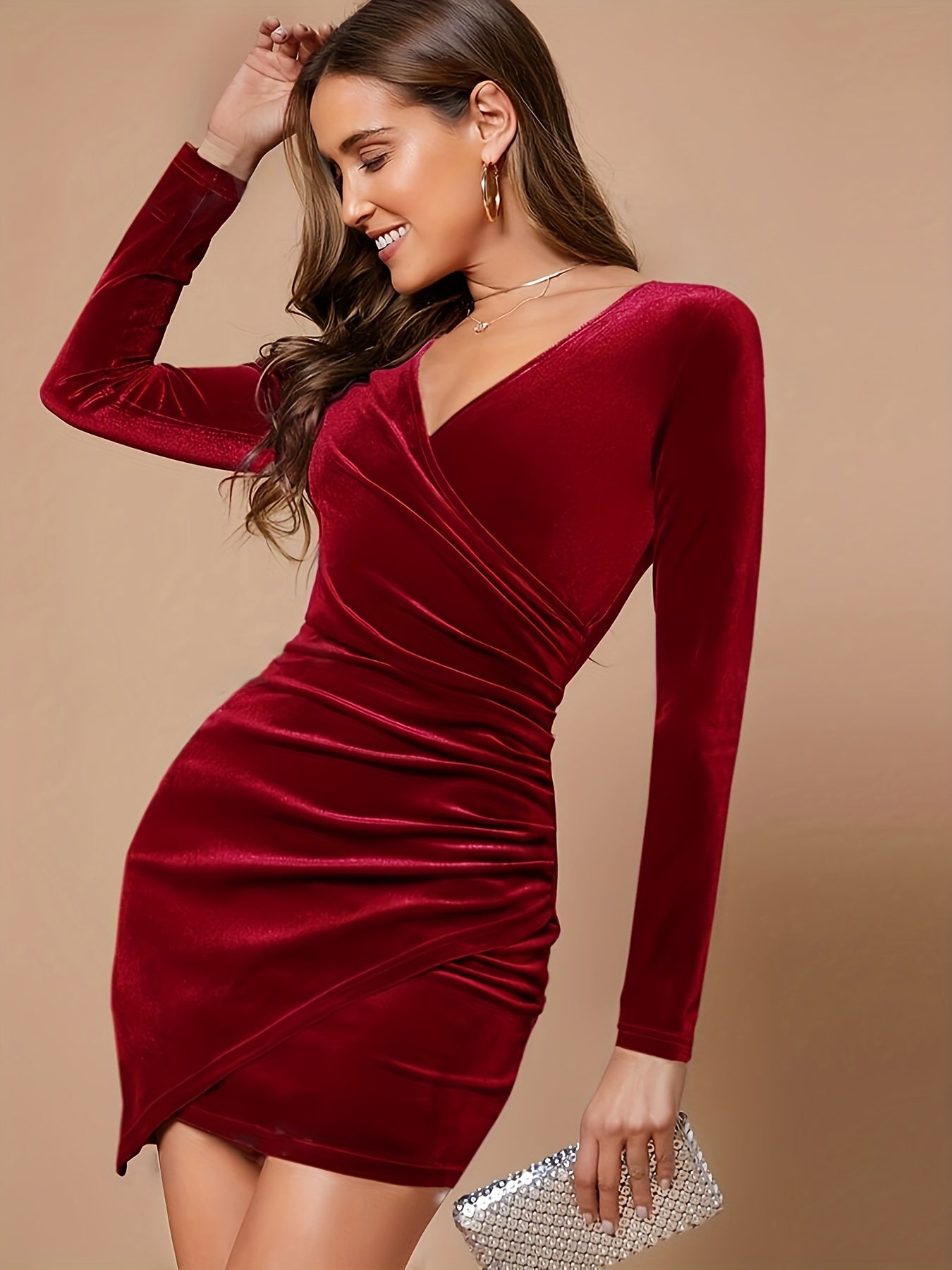 Luxurious Velvet Bodycon Mini Dress for Women - Elegant Dresses with V-Neck, Long Sleeve. Machine Washable, and Comfortable Fit for a Night Out