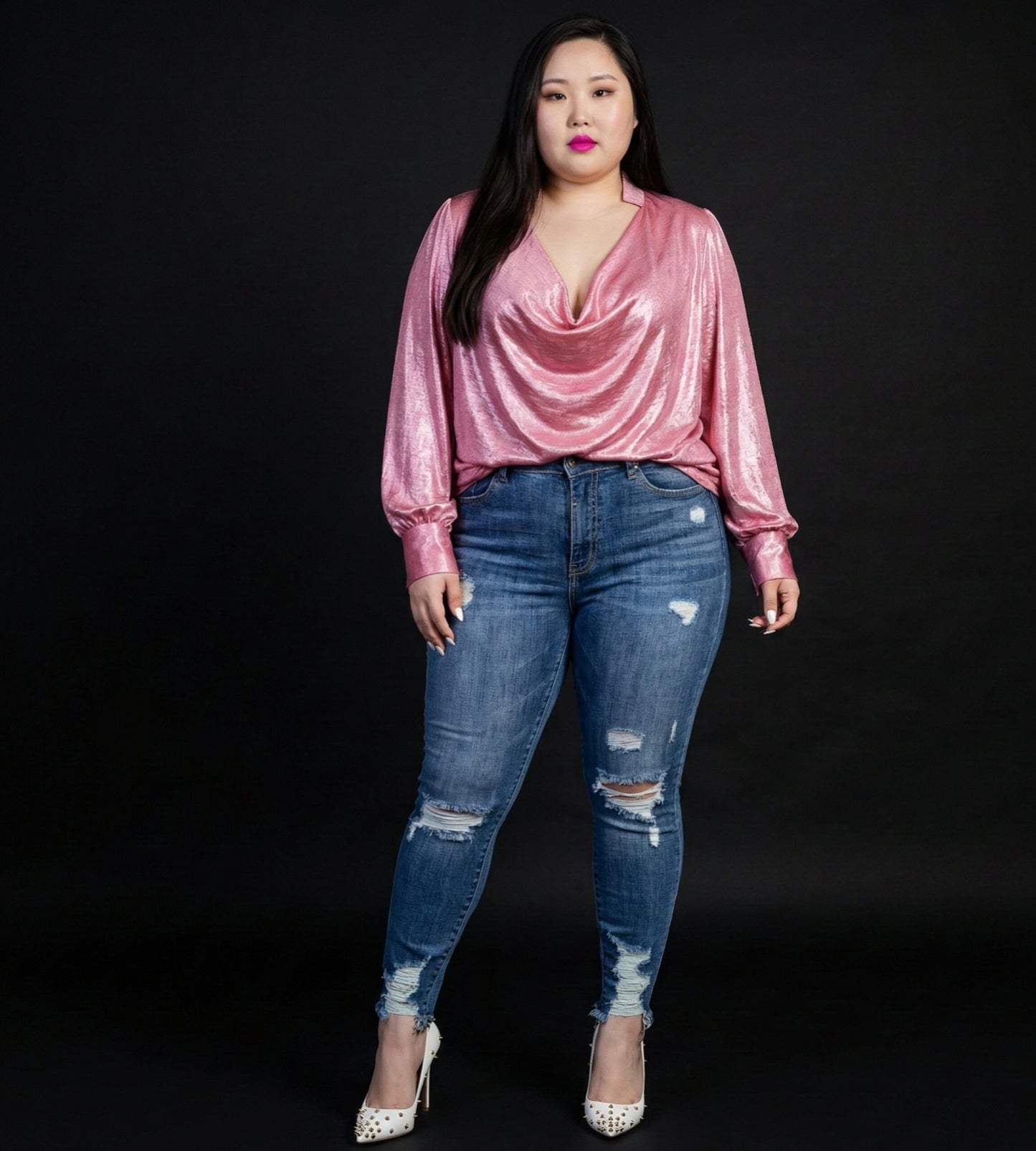 Plus Size Cowl Neck Long Sleeve Blouse