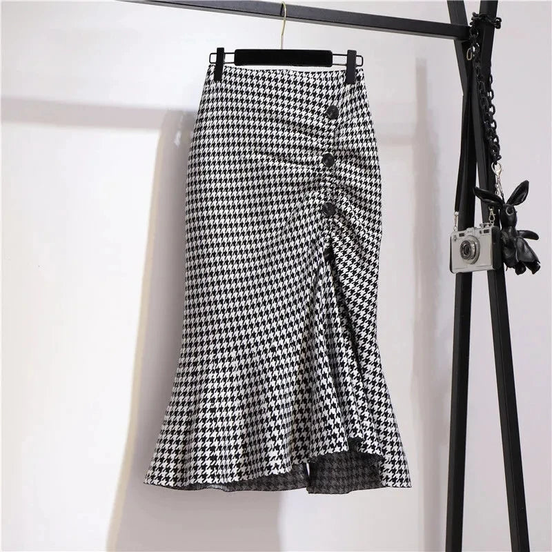 Trumpet Houndstooth Vintage High Waist Button Skirt
