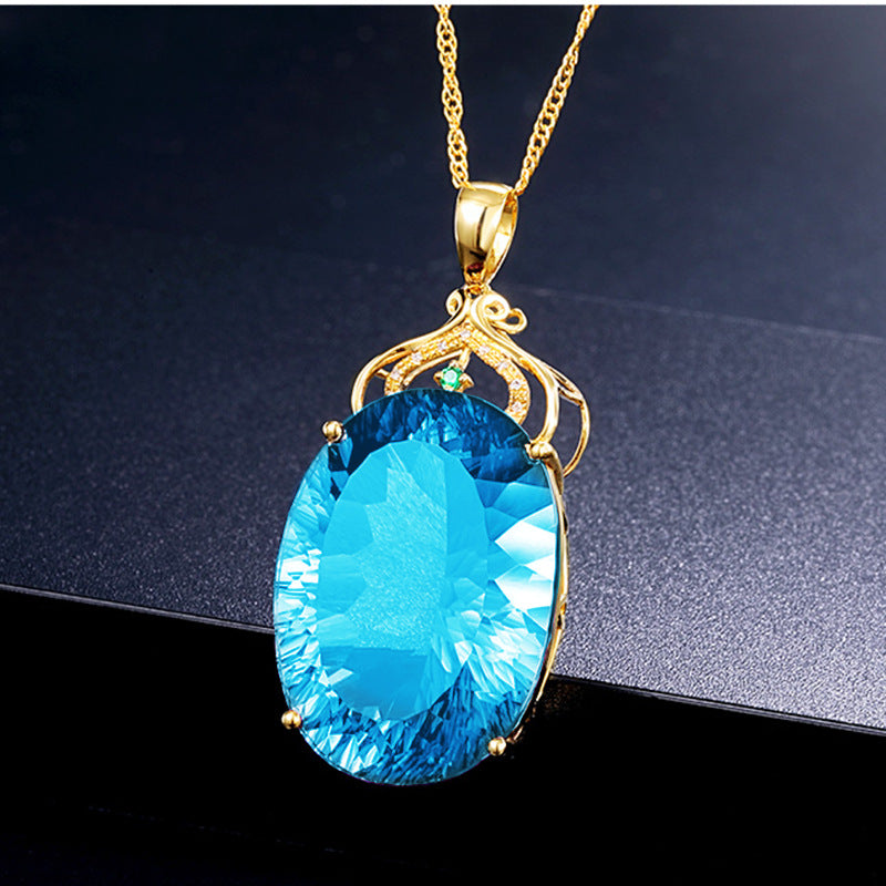 24K Gold Plated Pendant With Aquamarine Topaz Gemstone Blue Crystal