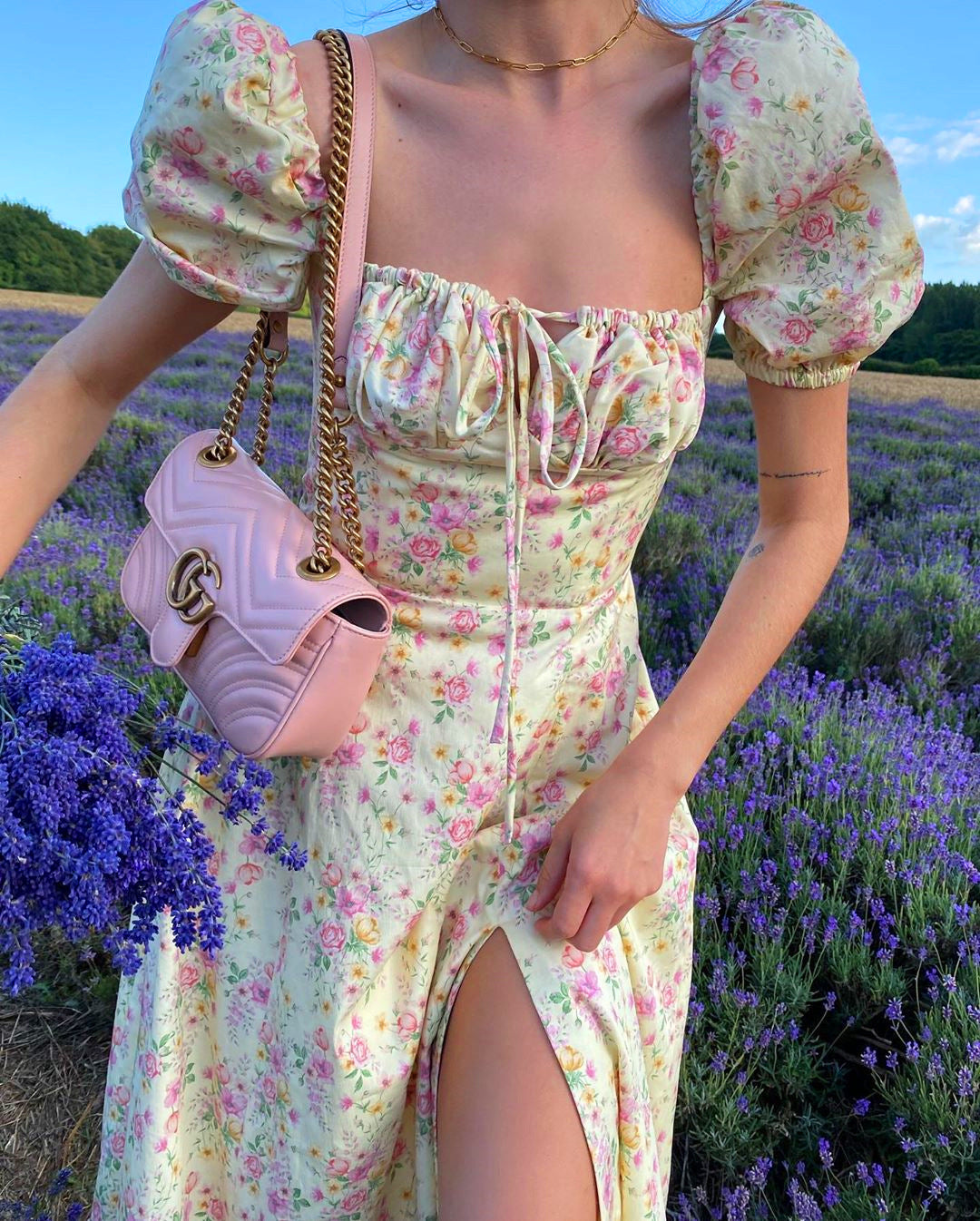 Floral Print Puff Short Sleeve Women Dress High Split Elegant Lace Up