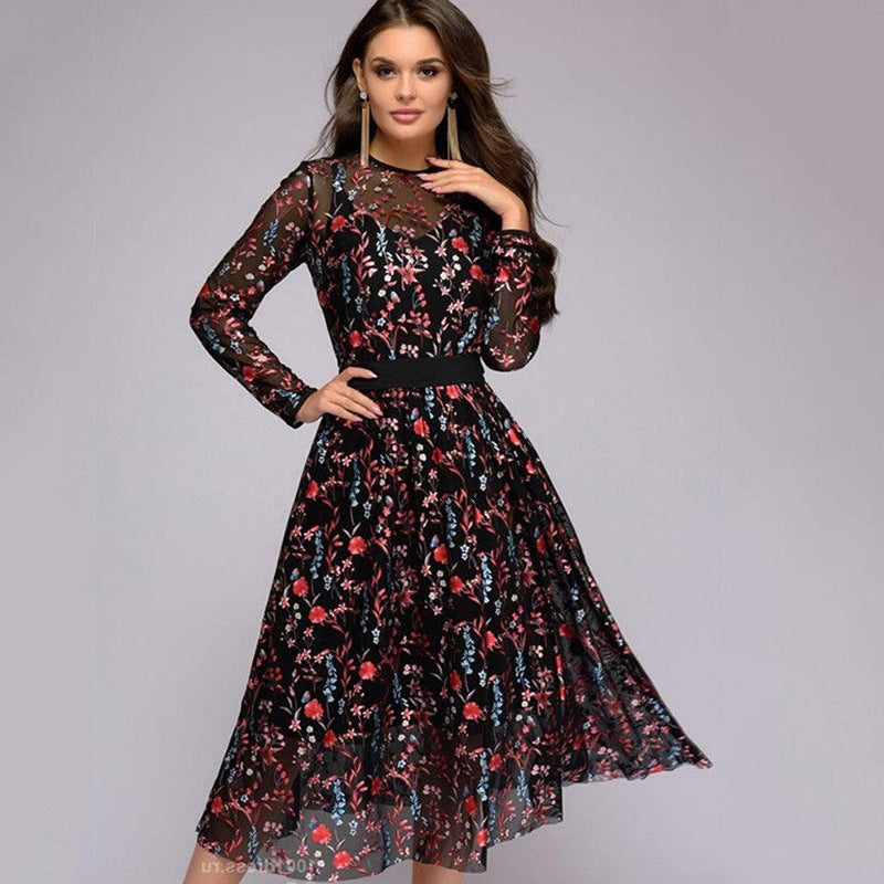 Floral Embroidery Chiffon Cocktail Midi Dress