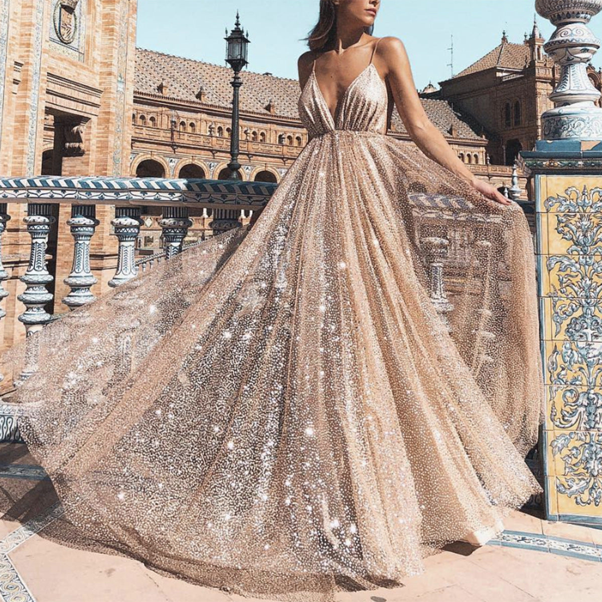 Sparkling Champagne Sequin A-Line Prom & Evening Gown