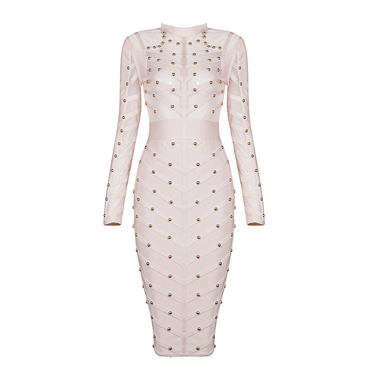 Long Sleeve Studded Sheer Bandage Dress
