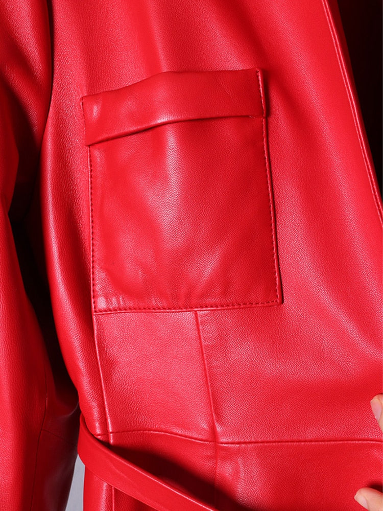 Elegant High Quality Red Black Maxi Pu Leather Trench Coat for Women Extra Long Skirted Elegant Overcoat Fashion 5xl 6xl 7xl