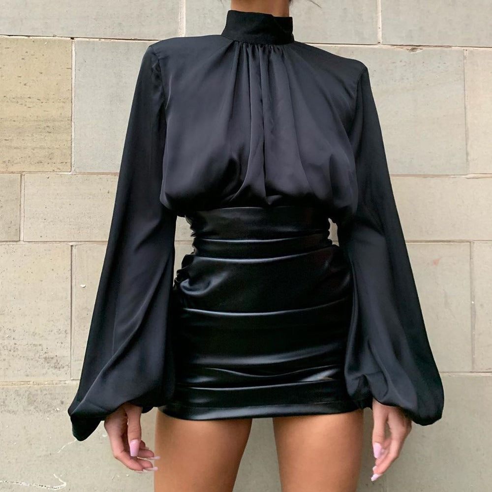 Back to Black Shiny Patent Leather Pleated Hip Skirt
