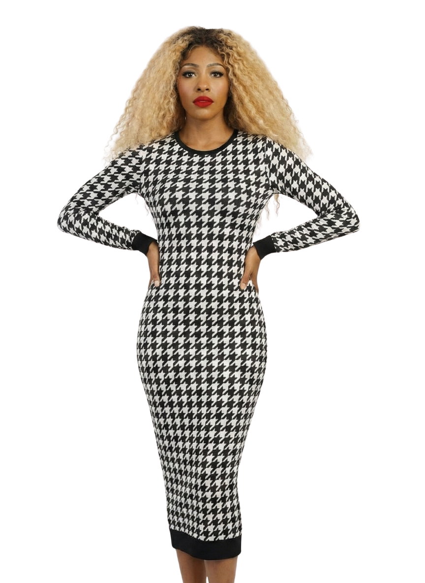 Houndstooth Print Women Long Sleeve Midi Body con Dress