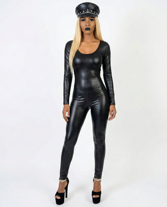 A 1 Back to Black Patent Leather Long Sleeve Jumpsuit