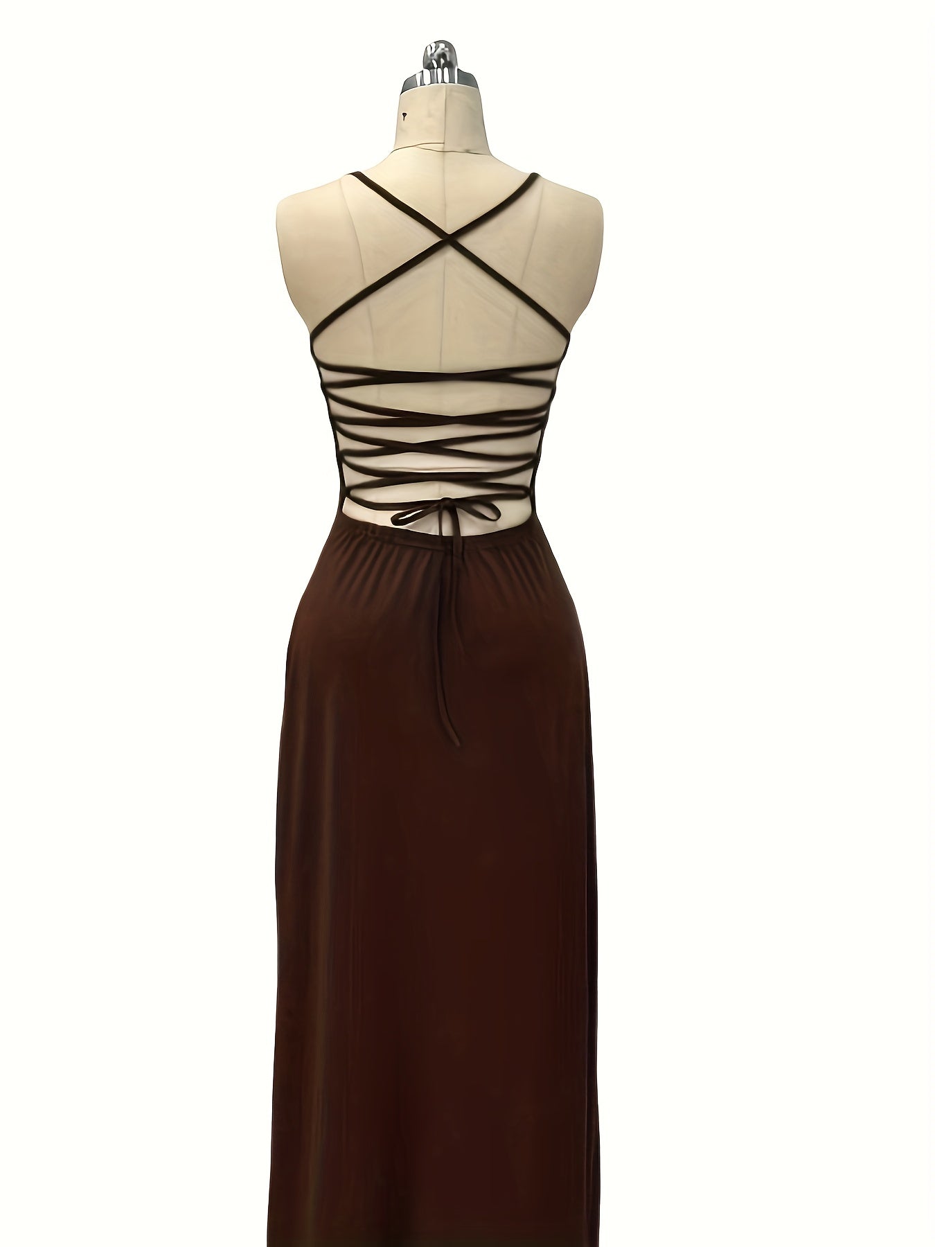 Elegant Halter Neck Mermaid Dress - Long Formal/Party Gown with Back Tie Closure. Length A-Line Silhouette (No Bust Padding), Brown/Beige, Machine Washable