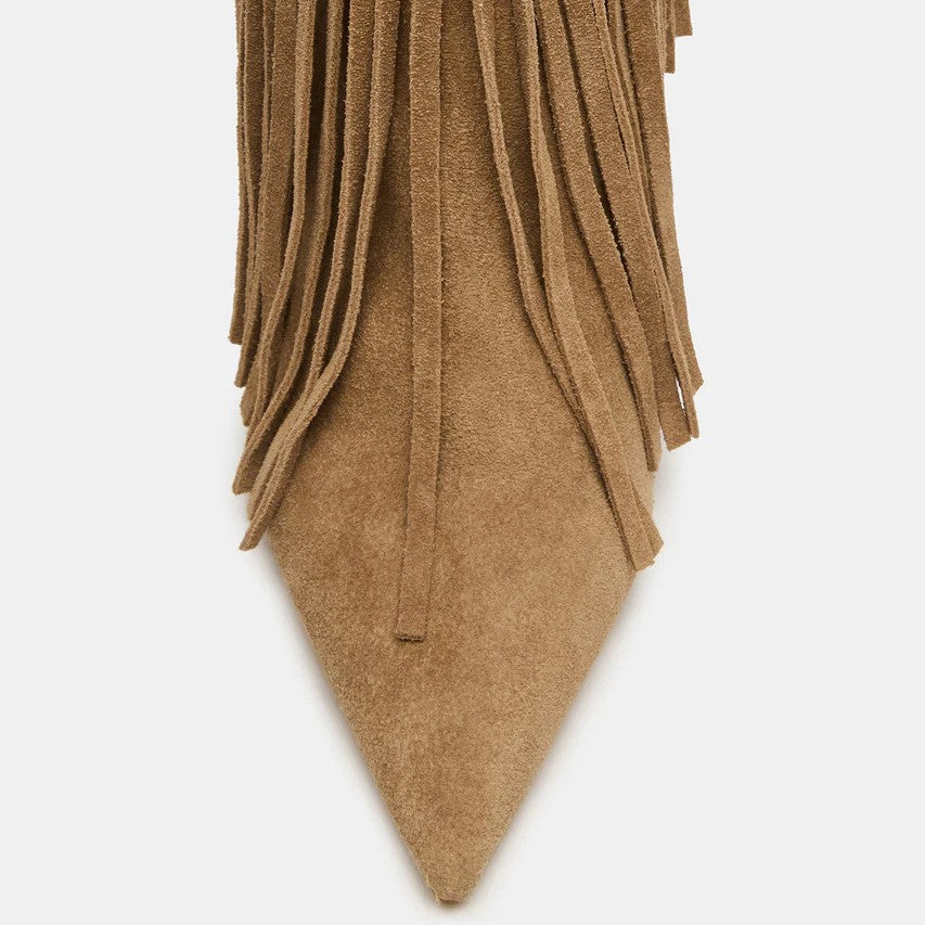 Fringed Studded High-heeled Pointed-toe Ankle Boots With A Side Zipper