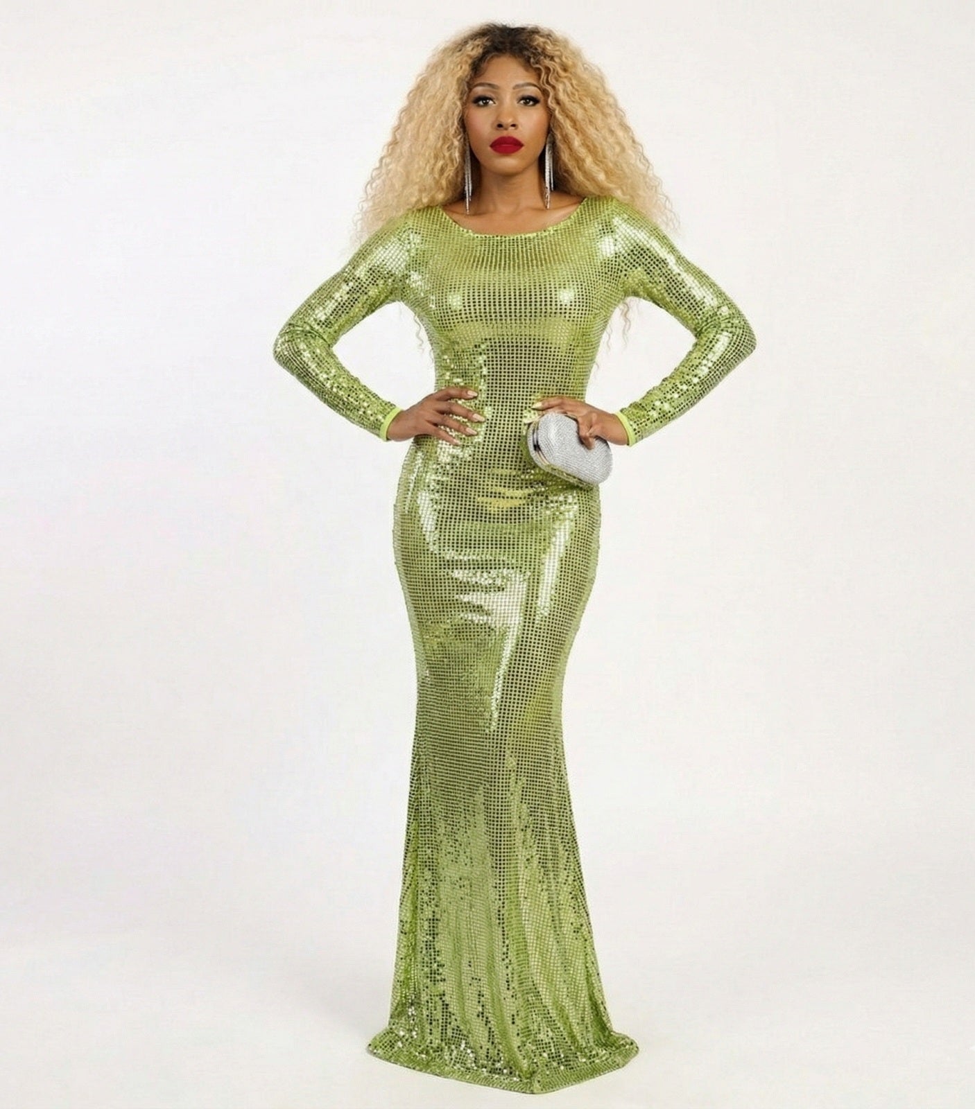 Gorgeous Gal Long Sleeve Sequin Green Dress