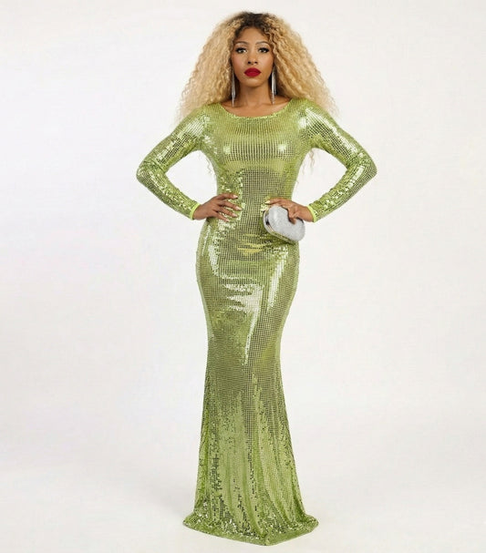 Gorgeous Gal Long Sleeve Sequin Green Dress
