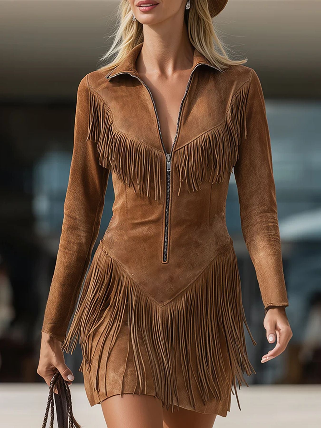 Womens Fashionable Casual Denim Long-Sleeve Dress With Tassels