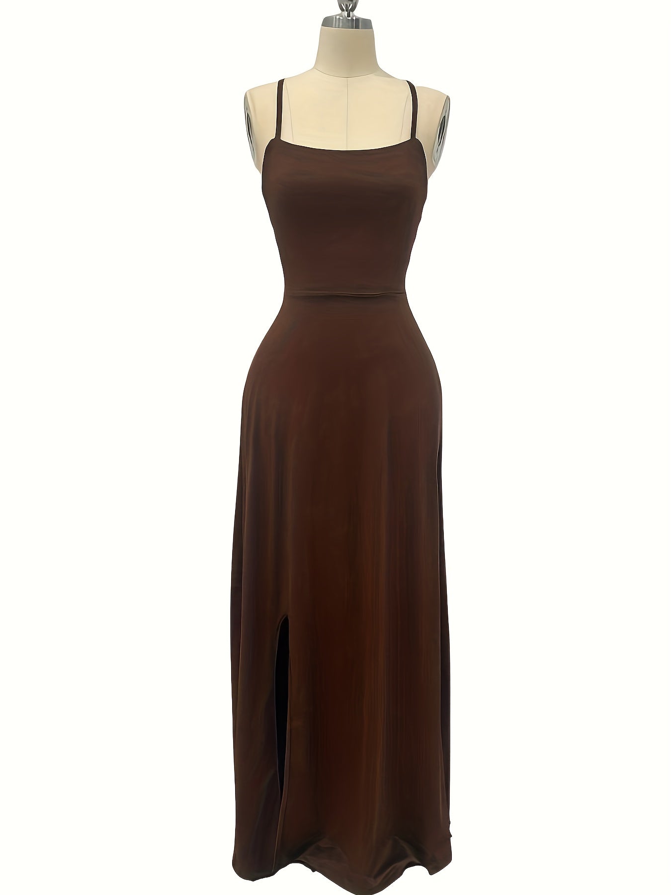 Elegant Halter Neck Mermaid Dress - Long Formal/Party Gown with Back Tie Closure. Length A-Line Silhouette (No Bust Padding), Brown/Beige, Machine Washable