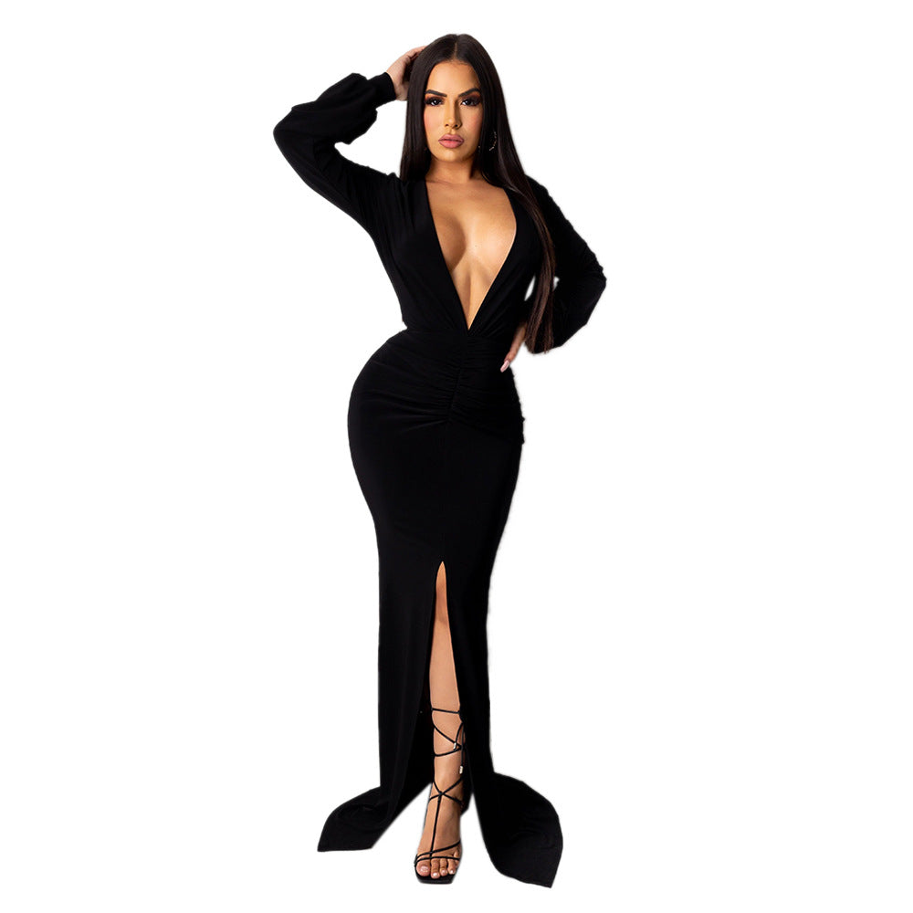 Elegant v-neck body con split dress