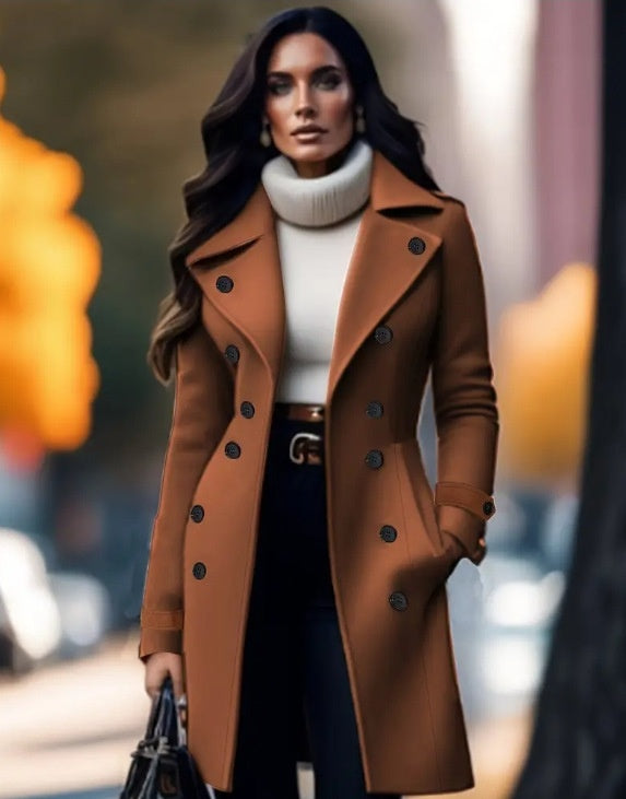 Elegant Women's Solid Color Double Breasted Woolen Coat