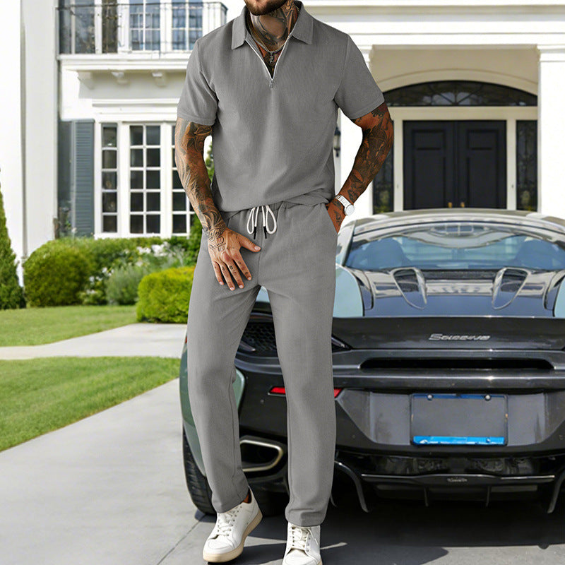 Mens Casual Corduroy Short-Sleeve Polo And Pants Set