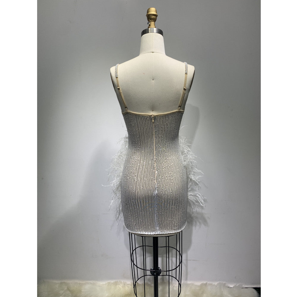 Luxury Feather Mini Hip Bandage Dress