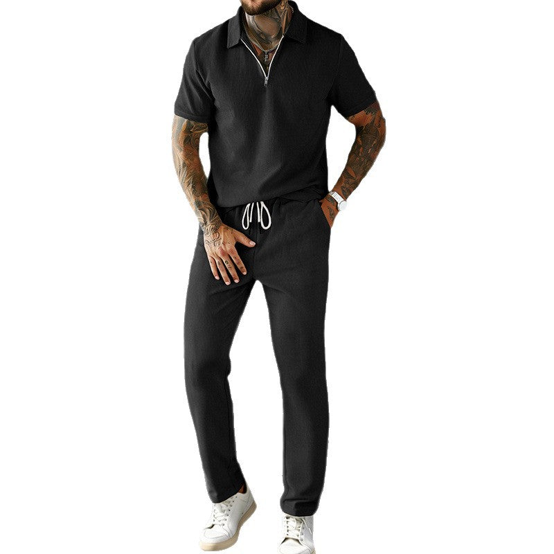 Mens Casual Corduroy Short-Sleeve Polo And Pants Set