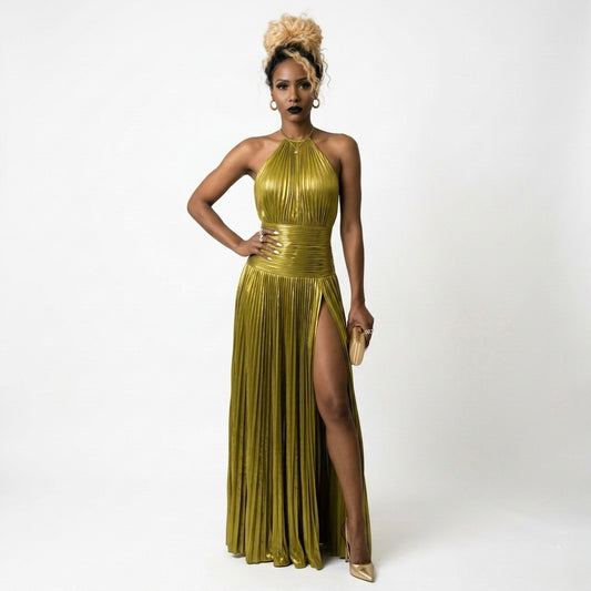 Elegant Elevated Pleated Halter Dress