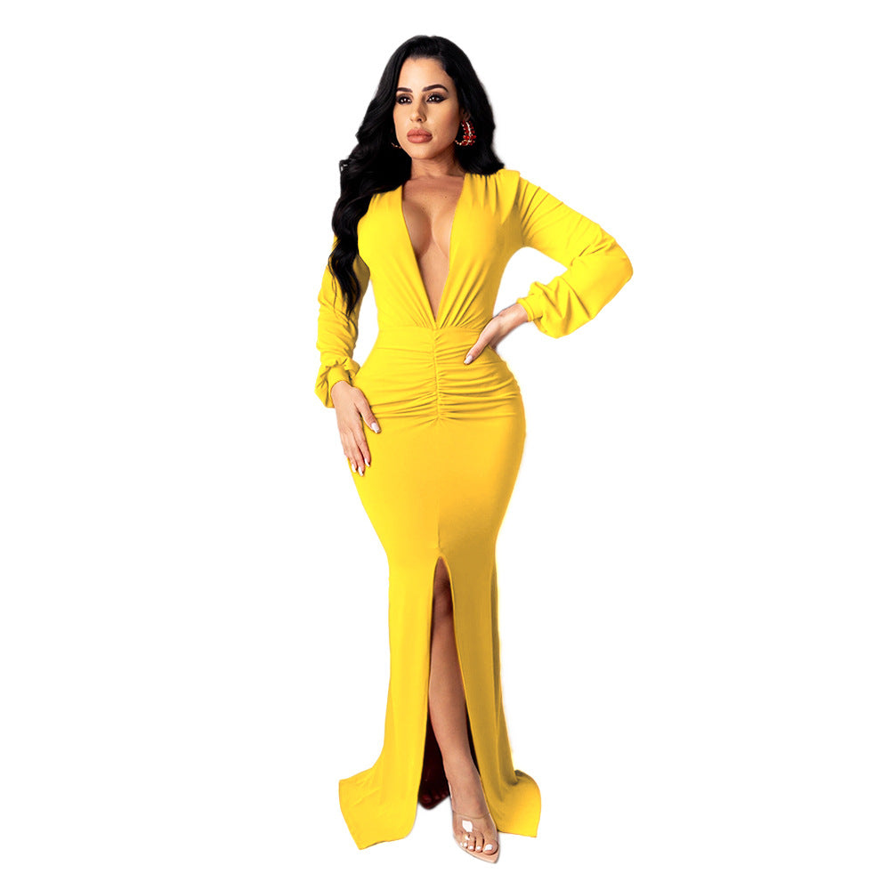 Elegant v-neck body con split dress