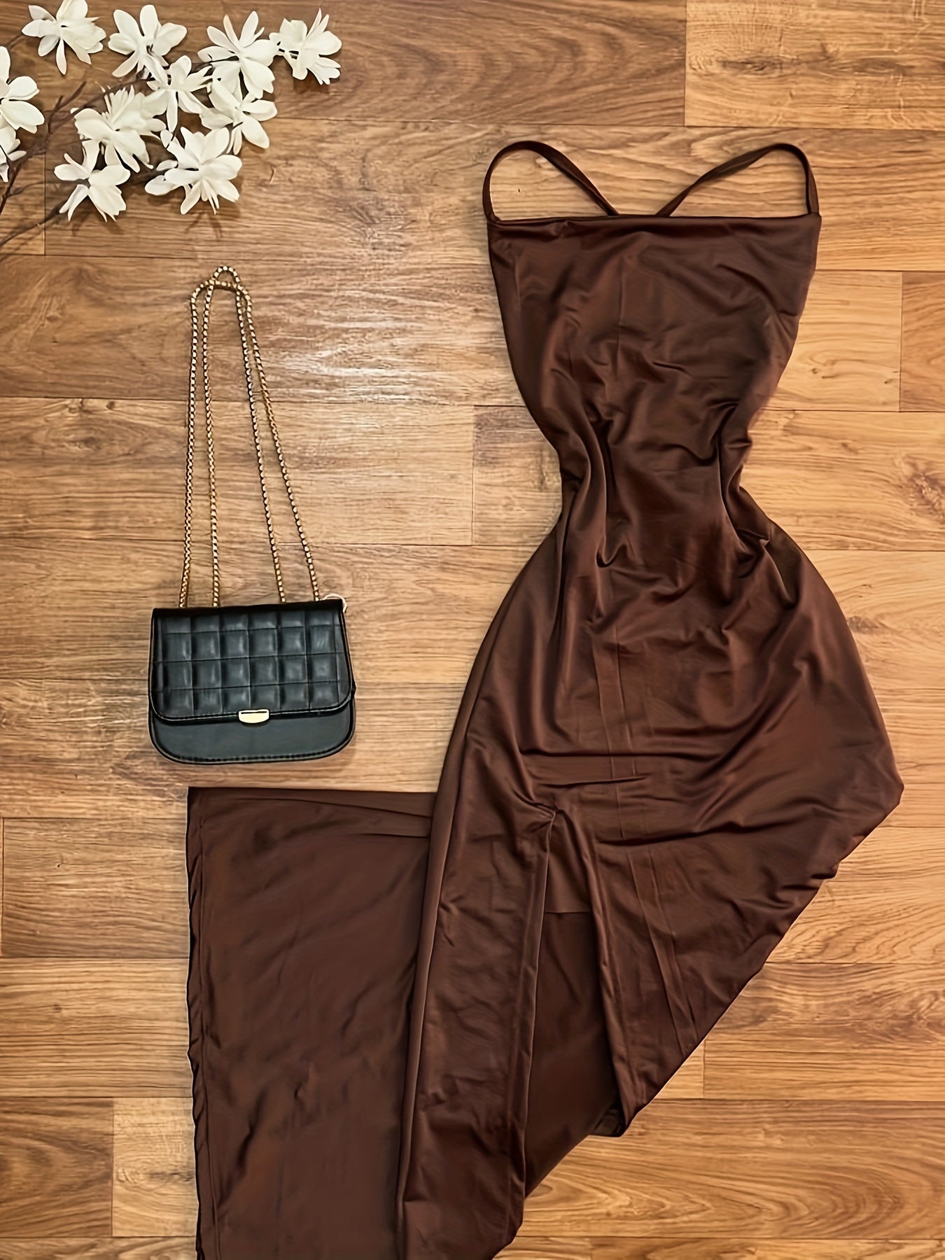 Elegant Halter Neck Mermaid Dress - Long Formal/Party Gown with Back Tie Closure. Length A-Line Silhouette (No Bust Padding), Brown/Beige, Machine Washable