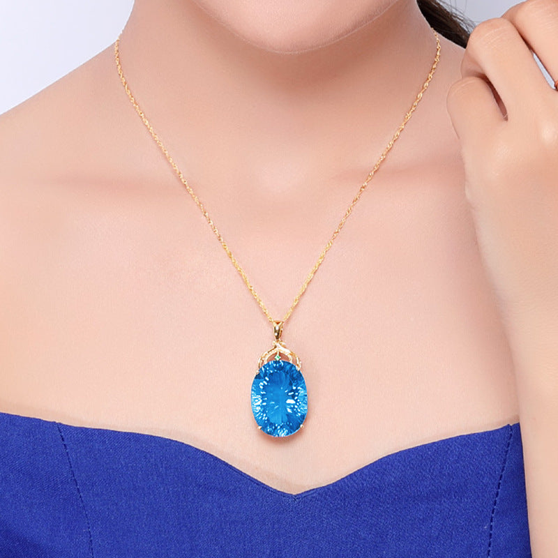 24K Gold Plated Pendant With  Aquamarine Topaz  Gemstone Blue Crystal