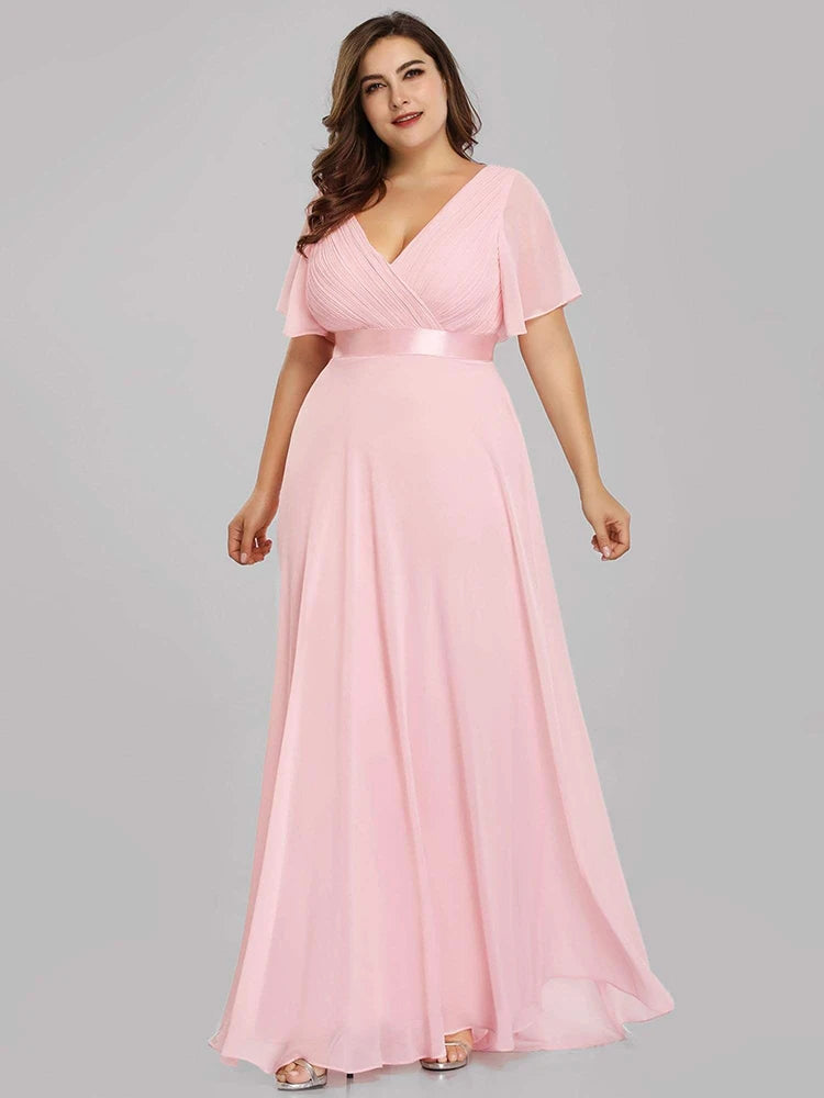 An Elegant A Line V Neck Ruffles Chiffon Formal Plus Size Dress