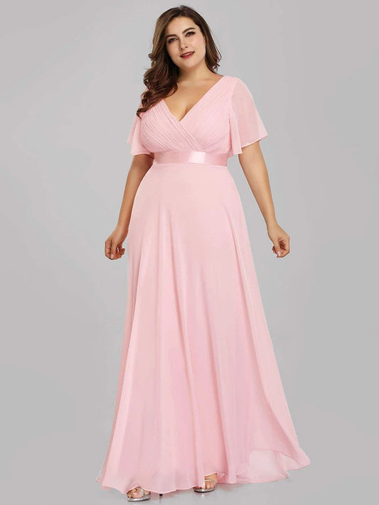 An Elegant A Line V Neck Ruffles Chiffon Formal Plus Size Dress