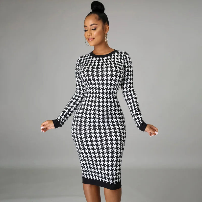 Houndstooth Print Women Long Sleeve Midi Body con Dress