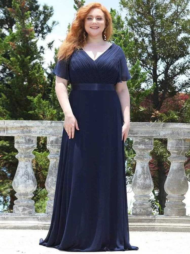 An Elegant A Line V Neck Ruffles Chiffon Formal Plus Size Dress