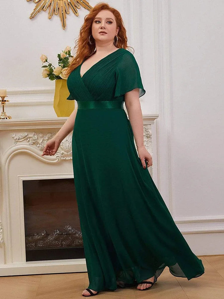 An Elegant A Line V Neck Ruffles Chiffon Formal Plus Size Dress
