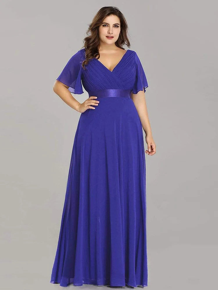 An Elegant A Line V Neck Ruffles Chiffon Formal Plus Size Dress