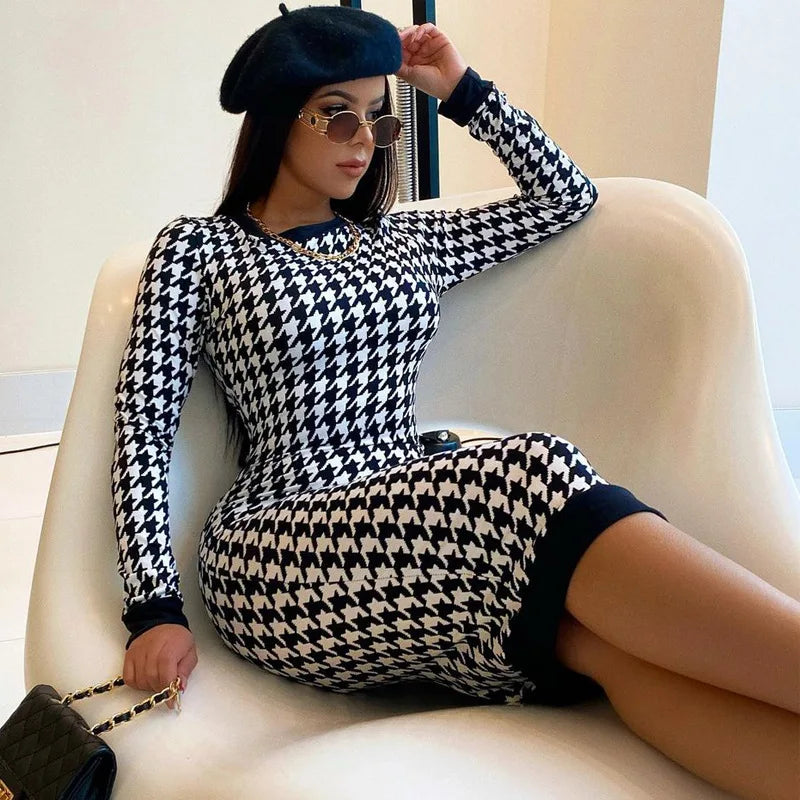 Houndstooth Print Women Long Sleeve Midi Body con Dress