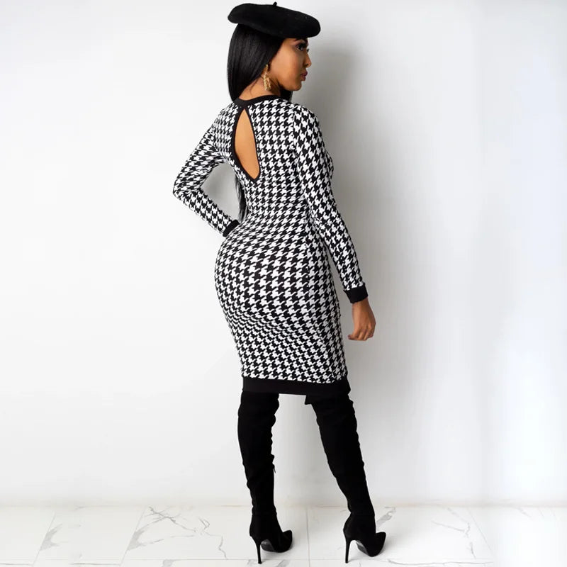 Houndstooth Print Women Long Sleeve Midi Body con Dress