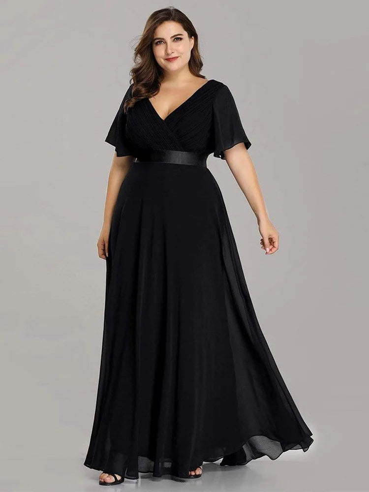 An Elegant A Line V Neck Ruffles Chiffon Formal Plus Size Dress