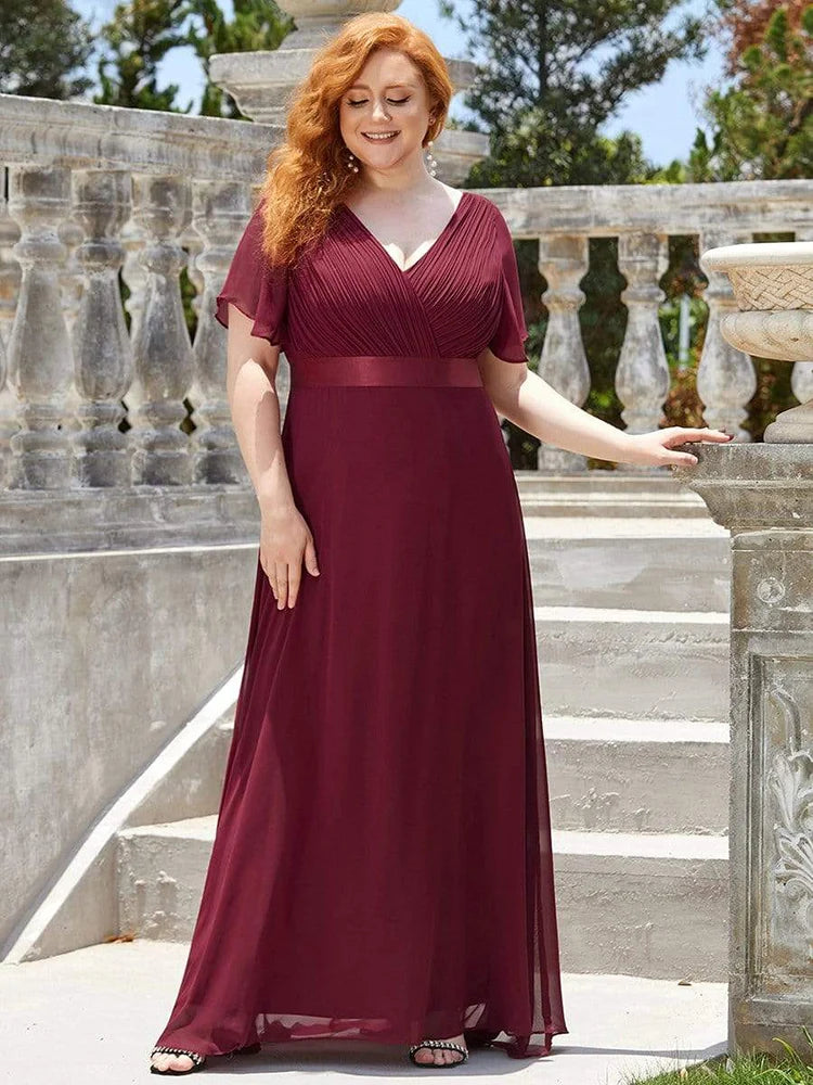 An Elegant A Line V Neck Ruffles Chiffon Formal Plus Size Dress