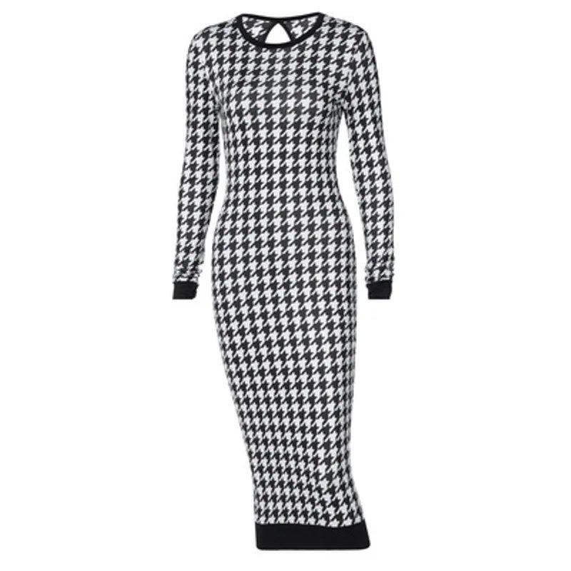 Houndstooth Print Women Long Sleeve Midi Body con Dress