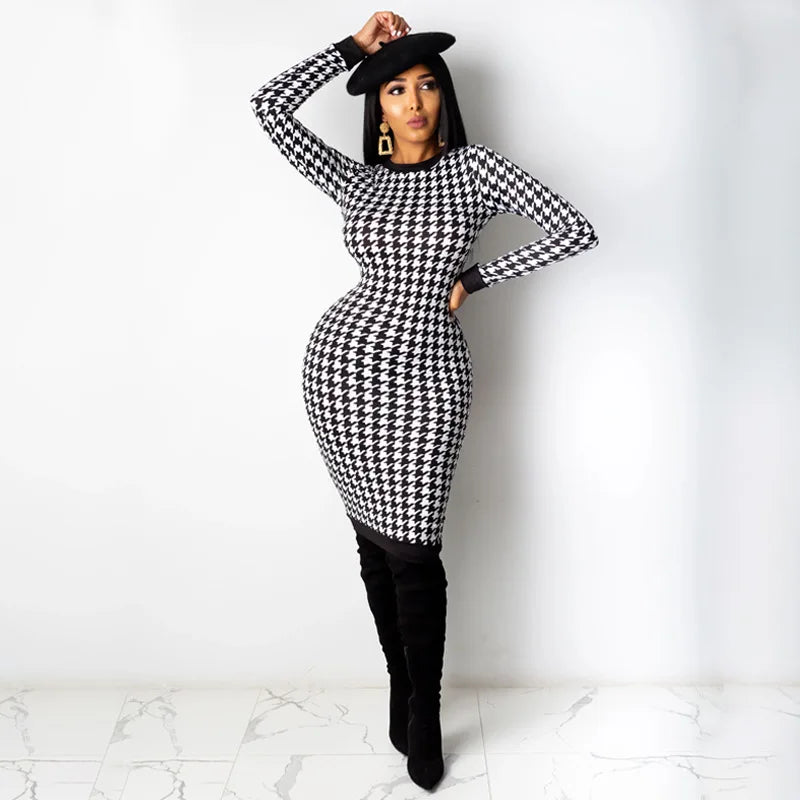 Houndstooth Print Women Long Sleeve Midi Body con Dress