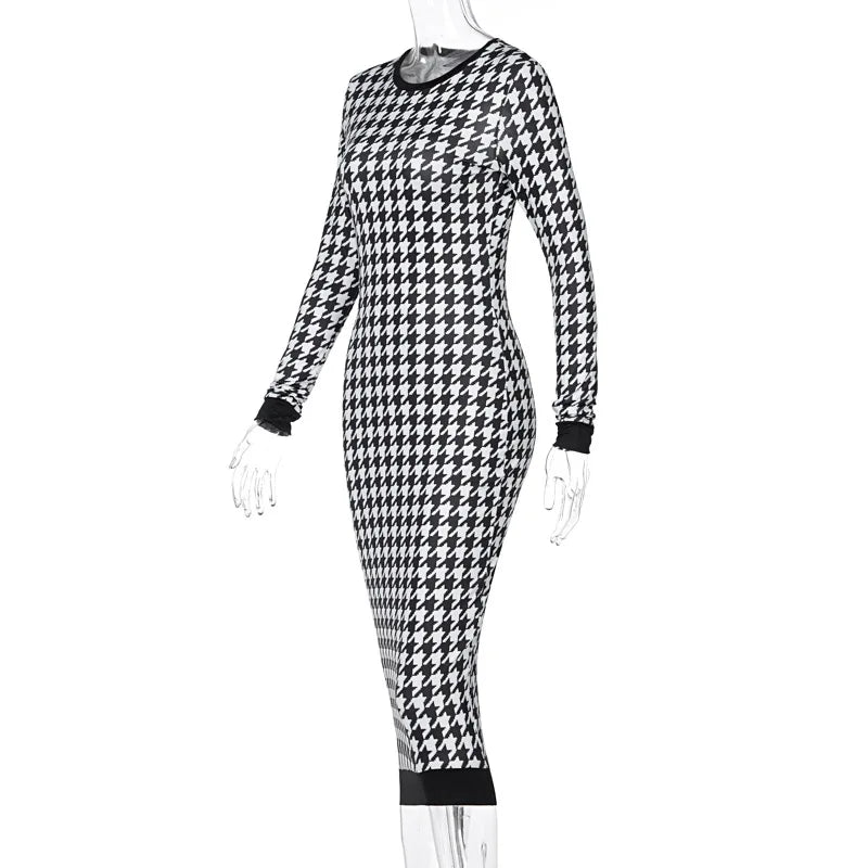 Houndstooth Print Women Long Sleeve Midi Body con Dress