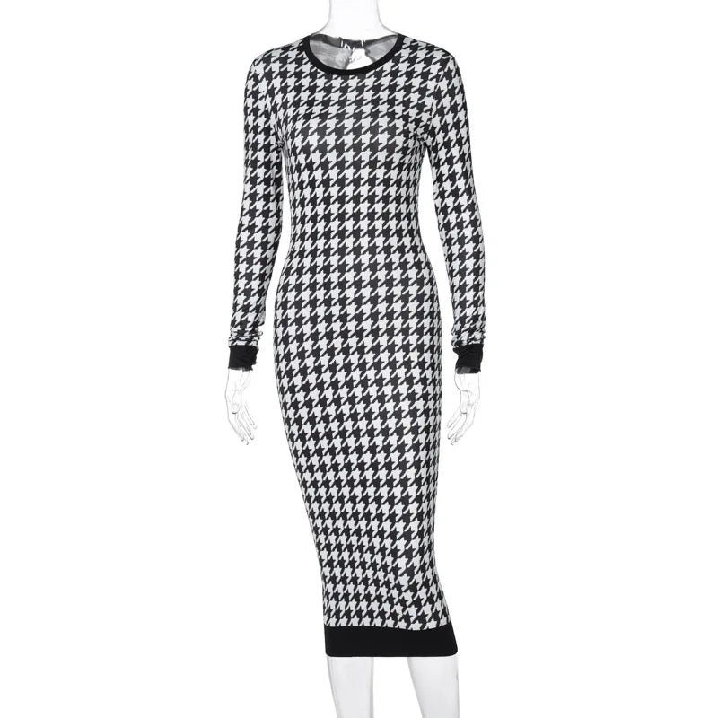 Houndstooth Print Women Long Sleeve Midi Body con Dress