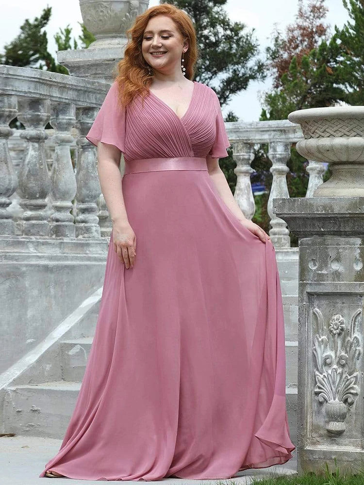 An Elegant A Line V Neck Ruffles Chiffon Formal Plus Size Dress