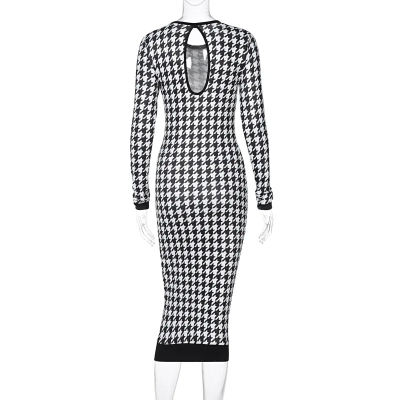 Houndstooth Print Women Long Sleeve Midi Body con Dress