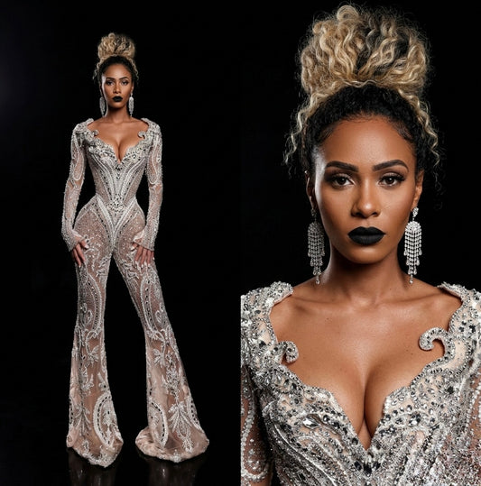 000 Elegant Lace Crystal Jumpsuit