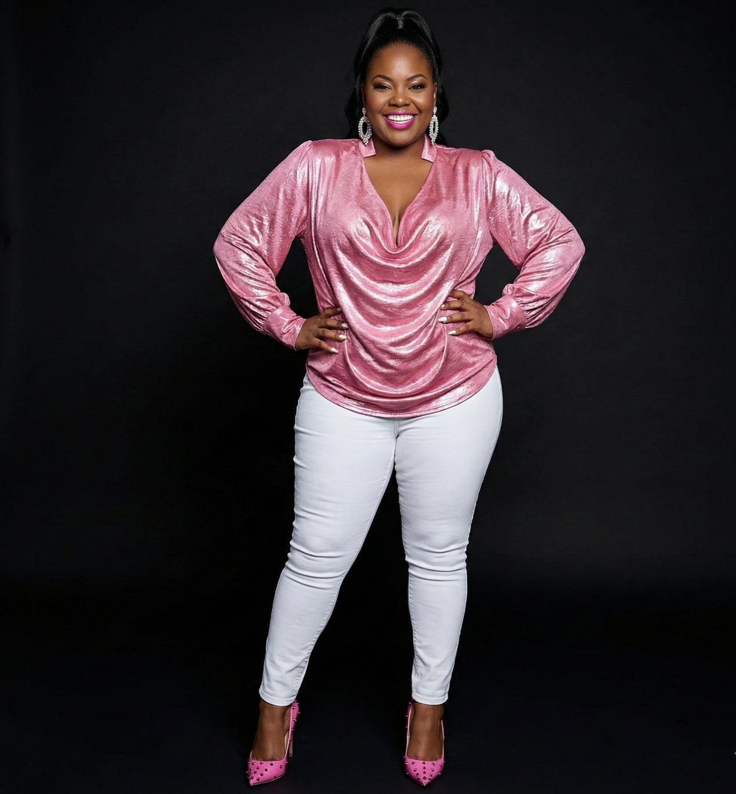 Plus Size Cowl Neck Long Sleeve Blouse