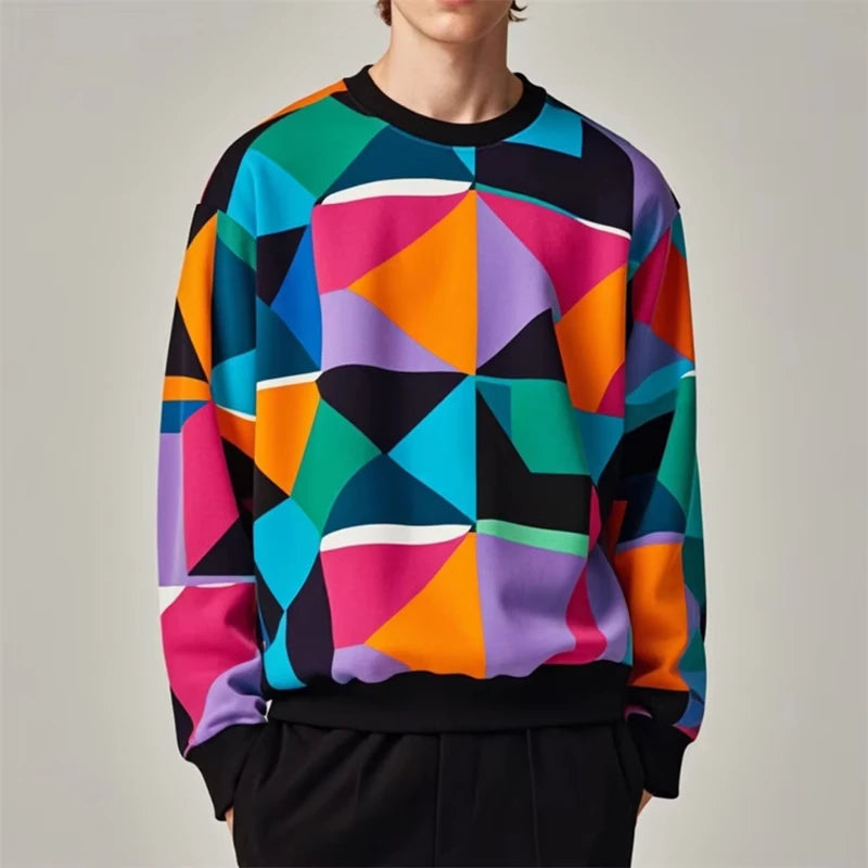 Colorful Men's 3D Geometry Graphic Print Round Neck Shirt
