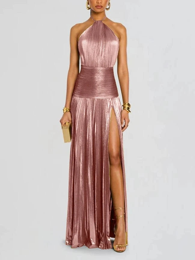 Elegant Elevated Pleated Halter Dress
