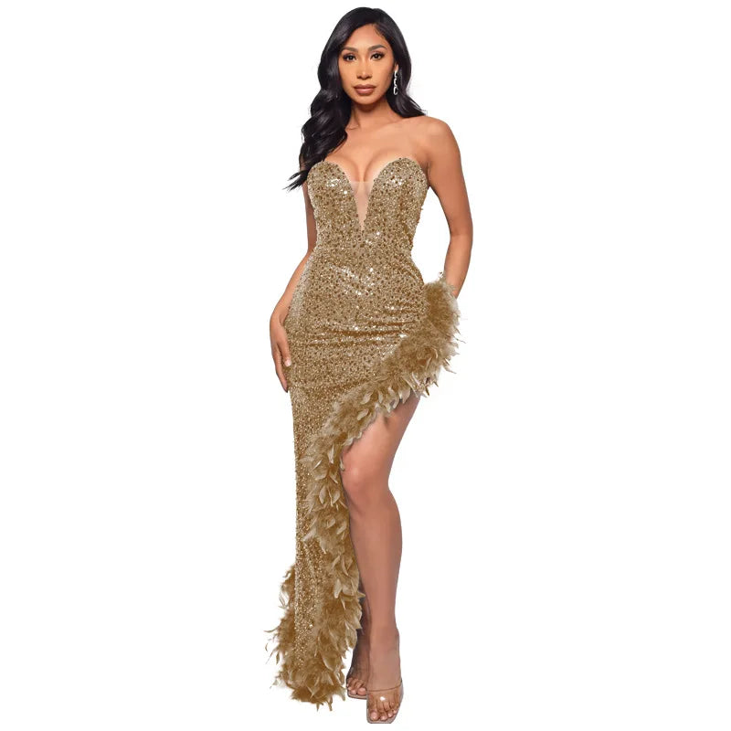 000 Fearless Feather-Trim Illusion Gown - Fearless Feather-Trim Gown