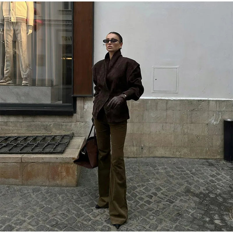 Chocolate Brown Single Breasted Suede Women's Jacket