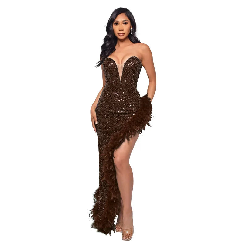 000 Fearless Feather-Trim Illusion Gown - Fearless Feather-Trim Gown